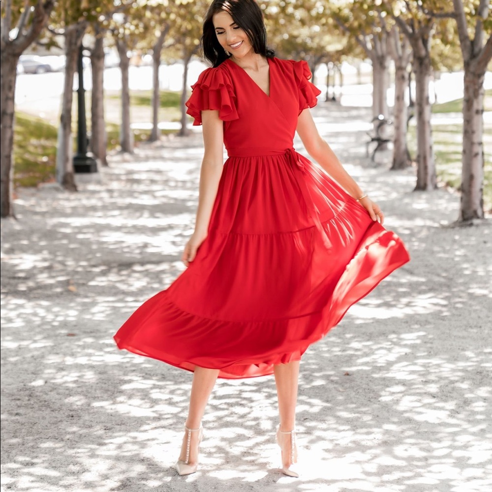 Rachel Parcell red ruffle sleeve midi dress. XS.